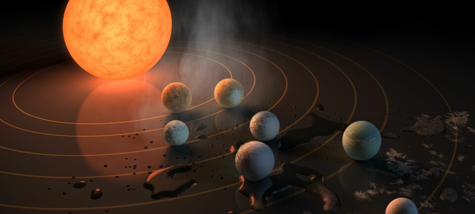 Illustrasjon som viser hvordan vann vil oppføre seg på de forskjellige planetene i TRAPPIST-1-systemet.  (Ill.: NASA/JPL-Caltech)