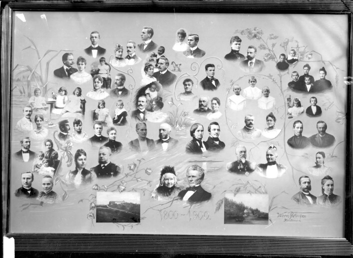 Dette bildet viser et slektstre med portretter av familiemedlemmer. Bildet er tatt mellom 1890 og 1910. (Foto: Severin Worm-Petersen/Norsk Teknisk Museum) Dette bildet viser et slektstre med portretter av familiemedlemmer. Bildet er tatt mellom 1890 og 1910. (Foto: Severin Worm-Petersen/Norsk Teknisk Museum)