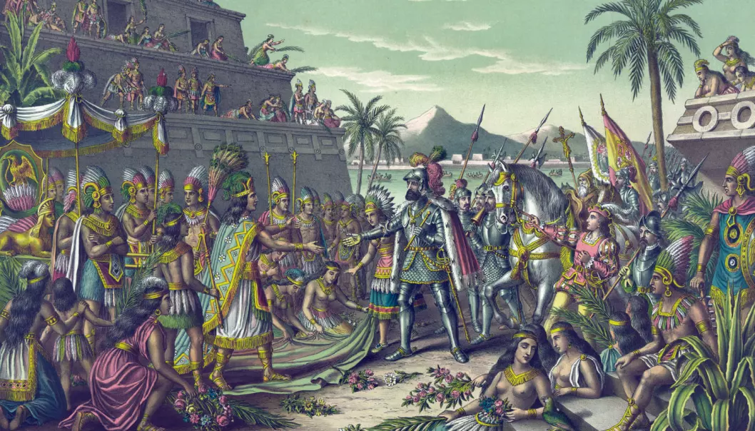Dette maleriet viser møtet mellom azteker-herskeren Montezuma og den spanske conquistadoren Hernán Cortés i 1519. To år senere overtok spanjolene byen. (Illustrasjon: Kurz & Allison / Mary Evans Picture Library / NTB scanpix)