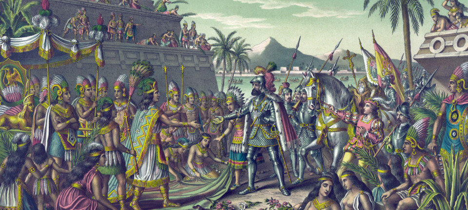 Dette maleriet viser møtet mellom azteker-herskeren Montezuma og den spanske conquistadoren Hernán Cortés i 1519. To år senere overtok spanjolene byen. (Illustrasjon: Kurz & Allison / Mary Evans Picture Library / NTB scanpix)