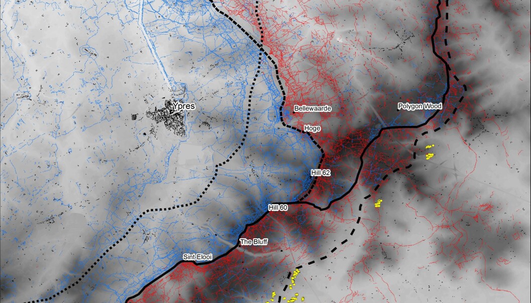 Dette kartet viser hvordan skyttergravene snirkler seg gjennom landskapet i Ypres. De røde linjene er de tyske skyttergravene, og de blå er de alliertes. De svarte linjene viser frontene på forskjellige stadier i krigen. Se det samme kartet med forklaring i bunn av saken. (Bilde: Stichelbaut et al.) Dette kartet viser hvordan skyttergravene snirkler seg gjennom landskapet i Ypres. De røde linjene er de tyske skyttergravene, og de blå er de alliertes. De svarte linjene viser frontene på forskjellige stadier i krigen. Se det samme kartet med forklaring i bunn av saken. (Bilde: Stichelbaut et al.)