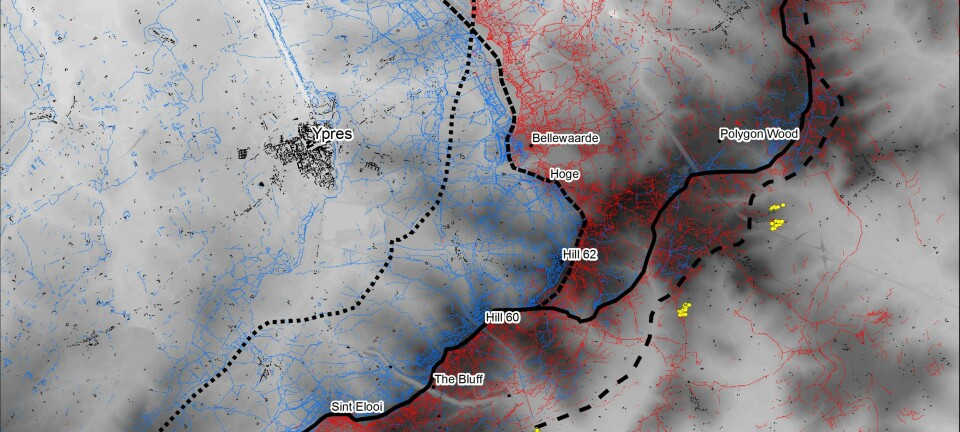 Dette kartet viser hvordan skyttergravene snirkler seg gjennom landskapet i Ypres. De røde linjene er de tyske skyttergravene, og de blå er de alliertes. De svarte linjene viser frontene på forskjellige stadier i krigen. Se det samme kartet med forklaring i bunn av saken. (Bilde: Stichelbaut et al.)