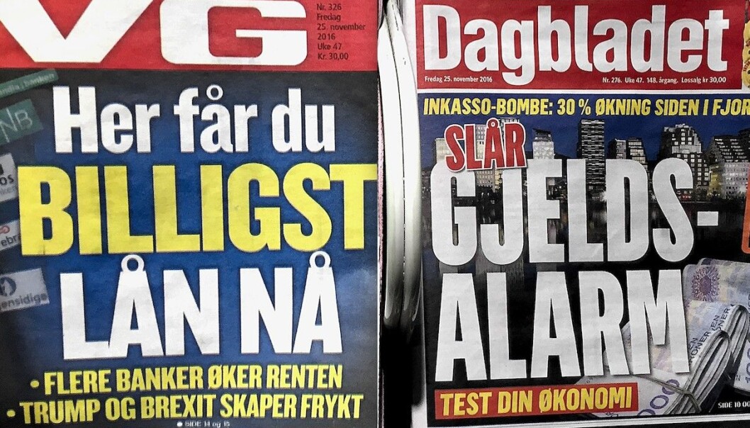 VG fortalte fredag 25. november hvor du får billigst lån. Dagbladet slo samme dag alarm om gjelden din. Begge deler i et avisstativ på Oslo S. (Foto: Bård Amundsen) VG fortalte fredag 25. november hvor du får billigst lån. Dagbladet slo samme dag alarm om gjelden din. Begge deler i et avisstativ på Oslo S. (Foto: Bård Amundsen)