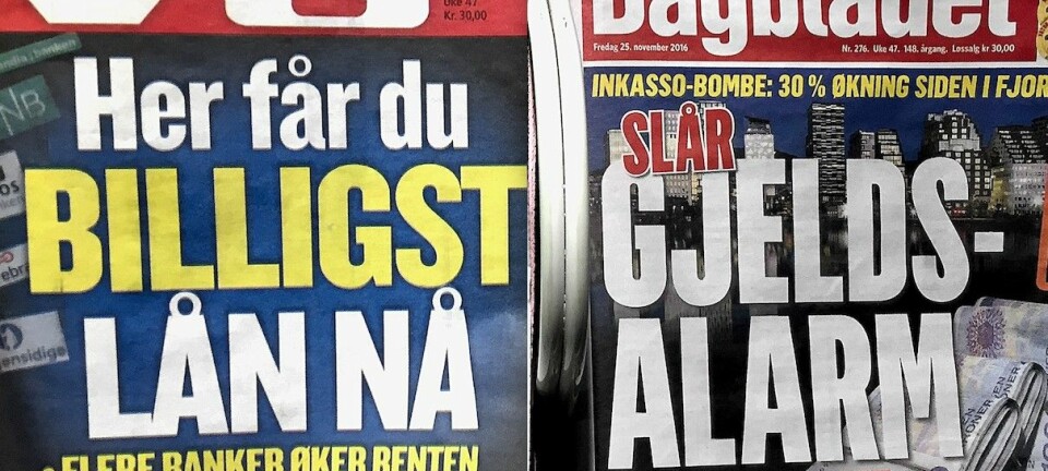 VG fortalte fredag 25. november hvor du får billigst lån. Dagbladet slo samme dag alarm om gjelden din. Begge deler i et avisstativ på Oslo S.  (Foto: Bård Amundsen)