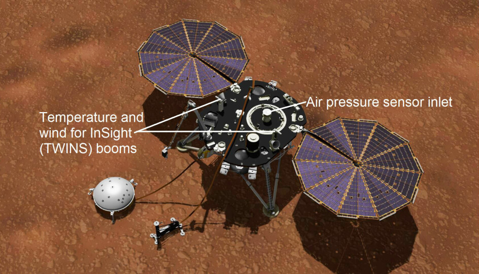 Slik er måleinstrumentene plassert på romsonden Insight. (Illustrasjon: NASA/JPL-Caltech)