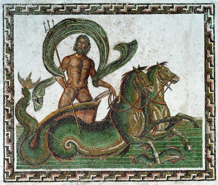 En mosaikk som forestiller havguden Neptun og to stolte sjøhester. (Wikimedia Commons, CC BY-SA 3.0) En mosaikk som forestiller havguden Neptun og to stolte sjøhester. (Wikimedia Commons, CC BY-SA 3.0)
