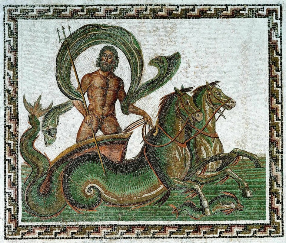 En mosaikk som forestiller havguden Neptun og to stolte sjøhester. (Wikimedia Commons, CC BY-SA 3.0)