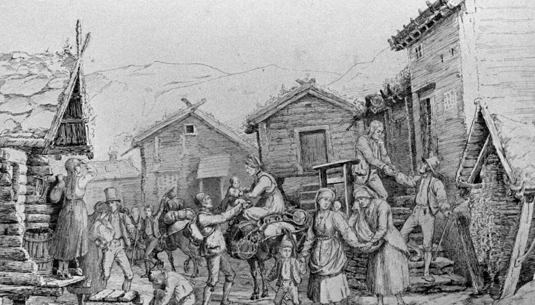 Adolph Tiedemands tegning «Emigranter», hentet fra Nasjonalgalleriet, Kobberstikksamlingen. Tegningen viser nordmenn som pakker og forlater hjemstedet. (Tegning: Adolph Tiedemand) Adolph Tiedemands tegning «Emigranter», hentet fra Nasjonalgalleriet, Kobberstikksamlingen. Tegningen viser nordmenn som pakker og forlater hjemstedet. (Tegning: Adolph Tiedemand)