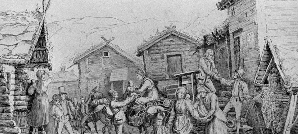 Adolph Tiedemands tegning «Emigranter», hentet fra Nasjonalgalleriet, Kobberstikksamlingen. Tegningen viser nordmenn som pakker og forlater hjemstedet.  (Tegning: Adolph Tiedemand)