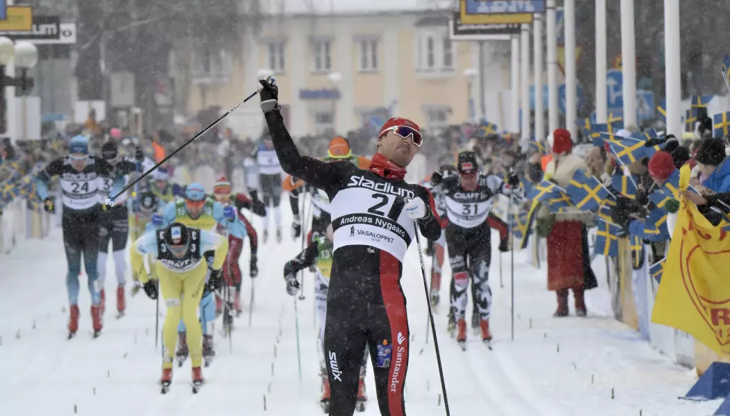 Nordmannen Andreas Nygaard vinner Vasaloppet 2018. (Foto: Ulf Palm, NTB scanpix)