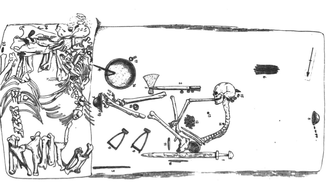 Tegningen viser graven slik den ble beskrevet da den ble åpnet. Denne illustrasjonen er fra 1943 (Bilde: Arbmann 1943/Antiquity 2019) Tegningen viser graven slik den ble beskrevet da den ble åpnet. Denne illustrasjonen er fra 1943 (Bilde: Arbmann 1943/Antiquity 2019)