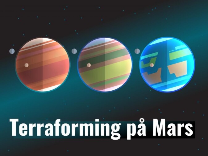 Terraforming er et begrep som stammer fra science fiction. Det innebærer at en planet endres slik at atmosfæren blir mer beboelig. Med en gjennomsnittstemperatur på om lag minus 60 grader ville det være opplagt å forsøke å varme opp Mars hvis mennesker skulle slå ned seg der. (Illustrasjon: Timmy Turner / Shutterstock / NTB scanpix) Terraforming er et begrep som stammer fra science fiction. Det innebærer at en planet endres slik at atmosfæren blir mer beboelig. Med en gjennomsnittstemperatur på om lag minus 60 grader ville det være opplagt å forsøke å varme opp Mars hvis mennesker skulle slå ned seg der. (Illustrasjon: Timmy Turner / Shutterstock / NTB scanpix)