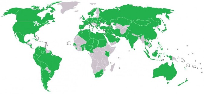 Her kan du se hvilke land som var medlemmer av COPUOS i 2017. Senere har tallet steget fra 87 til 92. Medlemslandene er de grønne. (Illustrasjon: ChickenWindow/CC BY-SA 4.0) Her kan du se hvilke land som var medlemmer av COPUOS i 2017. Senere har tallet steget fra 87 til 92. Medlemslandene er de grønne. (Illustrasjon: ChickenWindow/CC BY-SA 4.0)