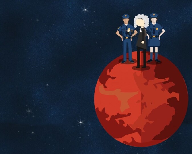 Et helt annet dilemma er om den voldelige astronauten skulle sendes tilbake til jorden for å sone en eventuell fengselsstraff eller om han skulle sperres inne på planeten. Det spørsmålet tar vi ikke opp i denne artikkelen. (Illustrasjon: Anne Sophie Thingsted) Et helt annet dilemma er om den voldelige astronauten skulle sendes tilbake til jorden for å sone en eventuell fengselsstraff eller om han skulle sperres inne på planeten. Det spørsmålet tar vi ikke opp i denne artikkelen. (Illustrasjon: Anne Sophie Thingsted)
