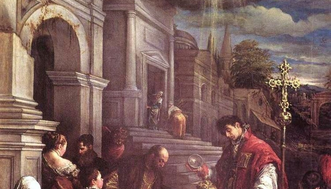 Maleriet viser St. Valentin som døper St. Lucilla. (Illustrasjon: Jacopo Bassano, Wikimedia Commons) Maleriet viser St. Valentin som døper St. Lucilla. (Illustrasjon: Jacopo Bassano, Wikimedia Commons)