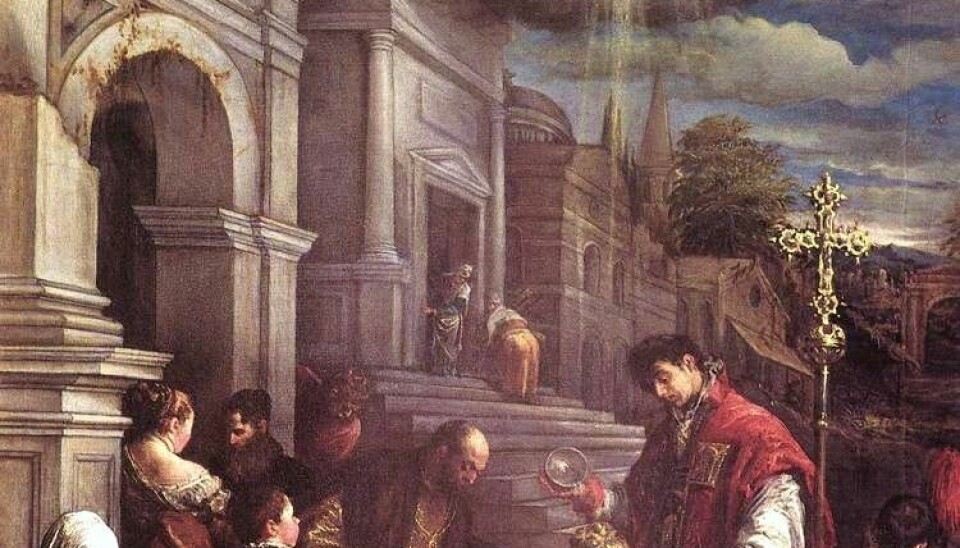 Maleriet viser St. Valentin som døper St. Lucilla. (Illustrasjon: Jacopo Bassano, Wikimedia Commons)