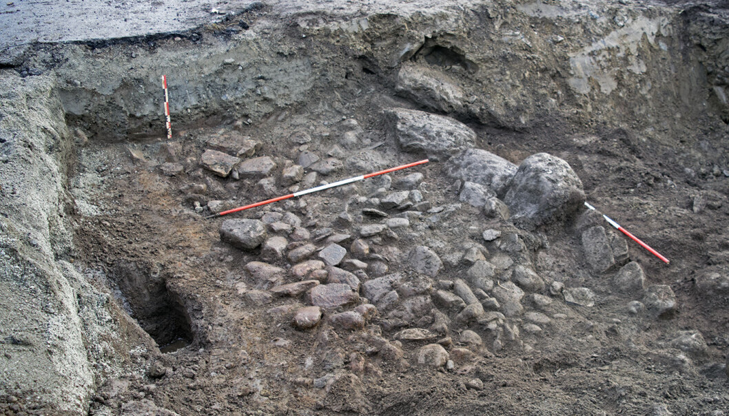 Etter å ha fjerna asfalt og moderne sand og grus, kom eit gamalt vegfar til syne. Analyser av organisk materiale viste at vegen var frå vikingtida. (Foto: Arkeologisk museum, Universitetet i Stavanger) Etter å ha fjerna asfalt og moderne sand og grus, kom eit gamalt vegfar til syne. Analyser av organisk materiale viste at vegen var frå vikingtida. (Foto: Arkeologisk museum, Universitetet i Stavanger)
