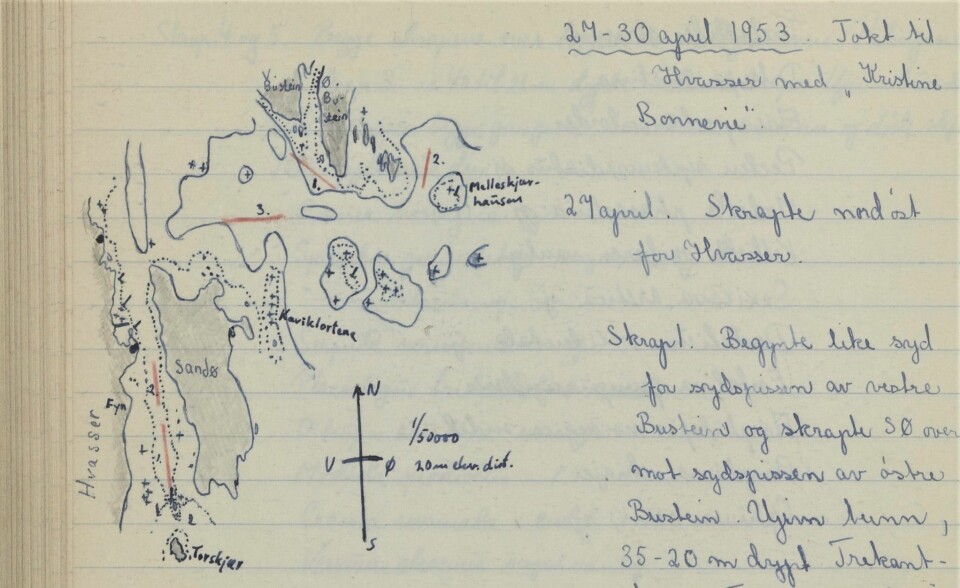 Dagens marinbiologer vet å sette pris på nøyaktigheten i Bengt og Marit Christiansens forskningsdagbok. I løpet av disse dagene ved Vasser i april 1953 fant de blant annet kråkebollen du kan se på bildet under.