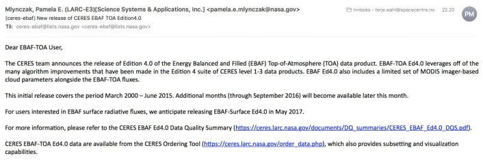 Mens vi snakker om sola - eller skriver om klodens energibalanse - så ramler det inn en email fra NASA. (Skjermbilde) Mens vi snakker om sola - eller skriver om klodens energibalanse - så ramler det inn en email fra NASA. (Skjermbilde)