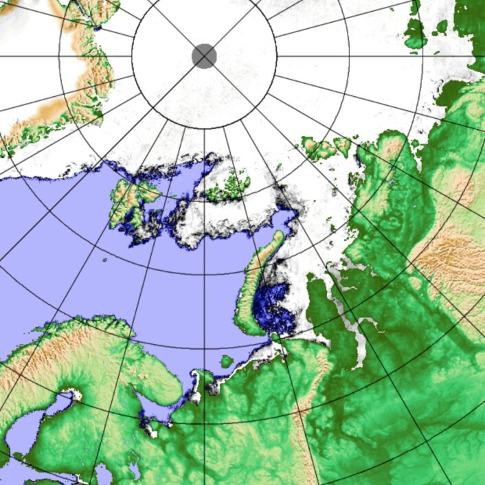 Fortsatt litt åpent vann i Karahavet den 2. februar i år. (Bilde: AMSR2-JAXA/Univ Bremen) Fortsatt litt åpent vann i Karahavet den 2. februar i år. (Bilde: AMSR2-JAXA/Univ Bremen)