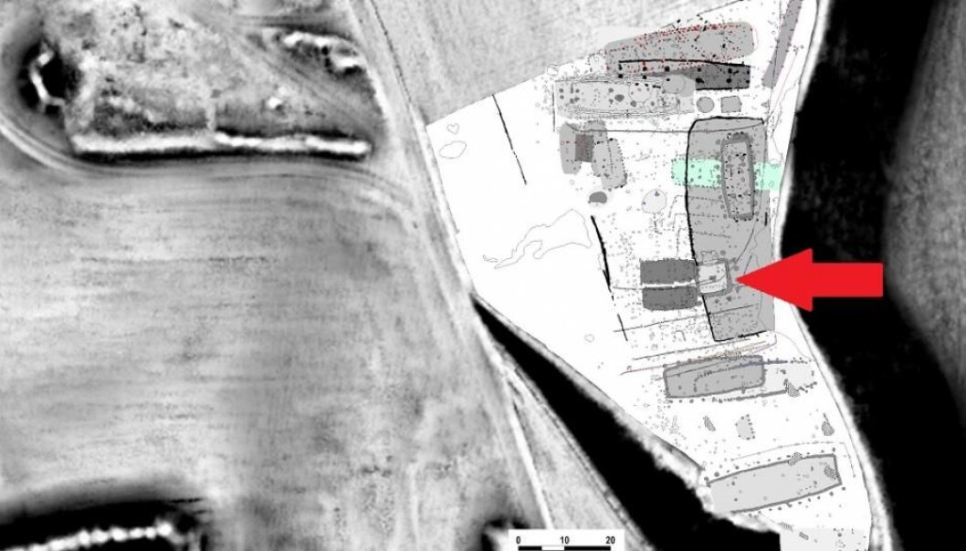 Her ser vi den sørlige og høytliggende delen av boplassen ved Toftum Næs. Pilen indikerer stedet der tårnet var plassert. (Illustrasjon: Kamilla Fiedler Terkildsen/videnskab.dk) Her ser vi den sørlige og høytliggende delen av boplassen ved Toftum Næs. Pilen indikerer stedet der tårnet var plassert. (Illustrasjon: Kamilla Fiedler Terkildsen/videnskab.dk)