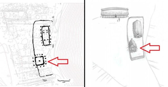 Skissetegninger av tårnområdet med innhegnet kulthus og et nordsørvendt hus. De røde piler indikerer tårnet på begge tegninger. (Foto: (Tegning: Tom Lock)) Skissetegninger av tårnområdet med innhegnet kulthus og et nordsørvendt hus. De røde piler indikerer tårnet på begge tegninger. (Foto: (Tegning: Tom Lock))
