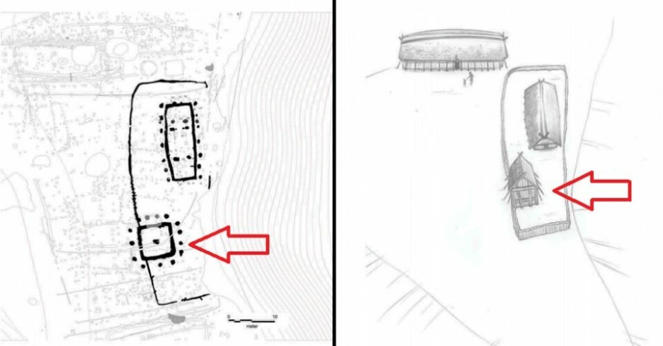 Skissetegninger av tårnområdet med innhegnet kulthus og et nordsørvendt hus. De røde piler indikerer tårnet på begge tegninger. (Foto: (Tegning: Tom Lock))