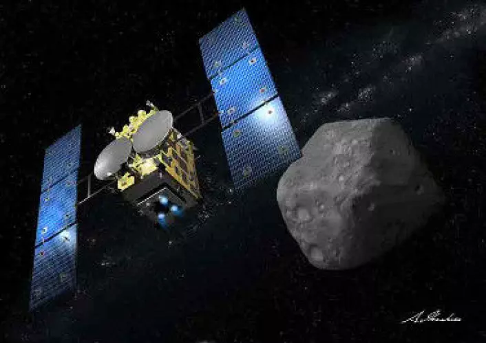 I 2018 er den japanske romsonden Hayabusa 2 fremme ved asteroiden Ryugu for å forske og sende hjem prøve. (Foto: JAXA)