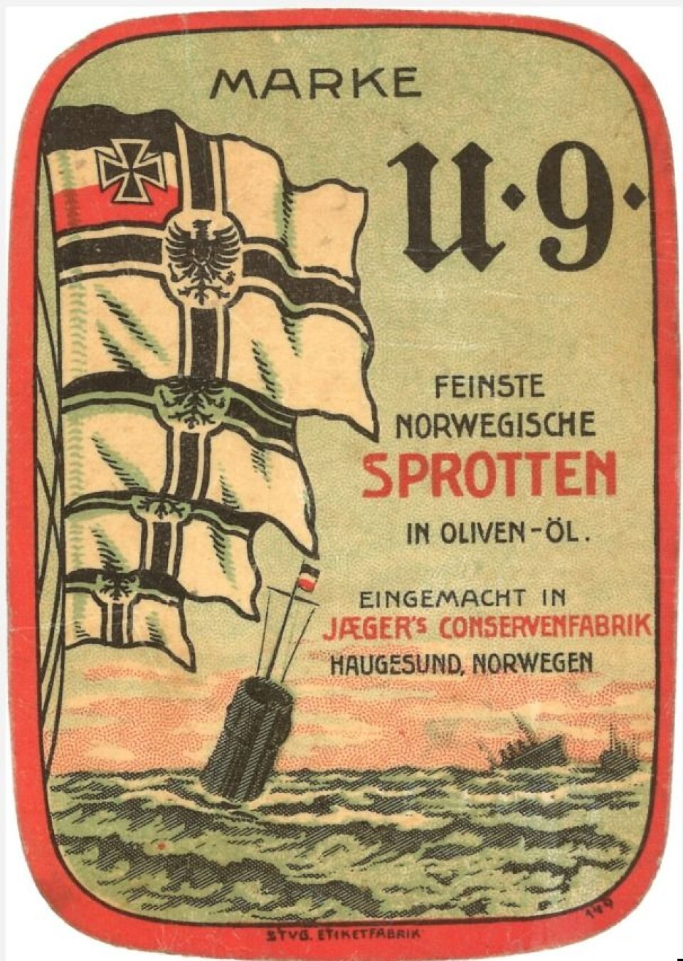Etiketten U-9, tidenes mest groteske markedsføring? (Foto: MUST/ Norsk hermetikkmuseum)