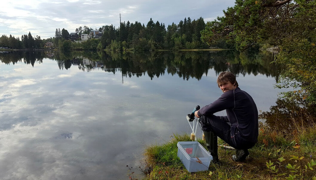 Her samler en forsker vannprøver som inneholder fragmenter av arvestoffet til fisk. En vannprøve kan vise de fleste fiskearter som finnes i innsjøen. (Foto Frode Fossøy/NINA) Her samler en forsker vannprøver som inneholder fragmenter av arvestoffet til fisk. En vannprøve kan vise de fleste fiskearter som finnes i innsjøen. (Foto Frode Fossøy/NINA)