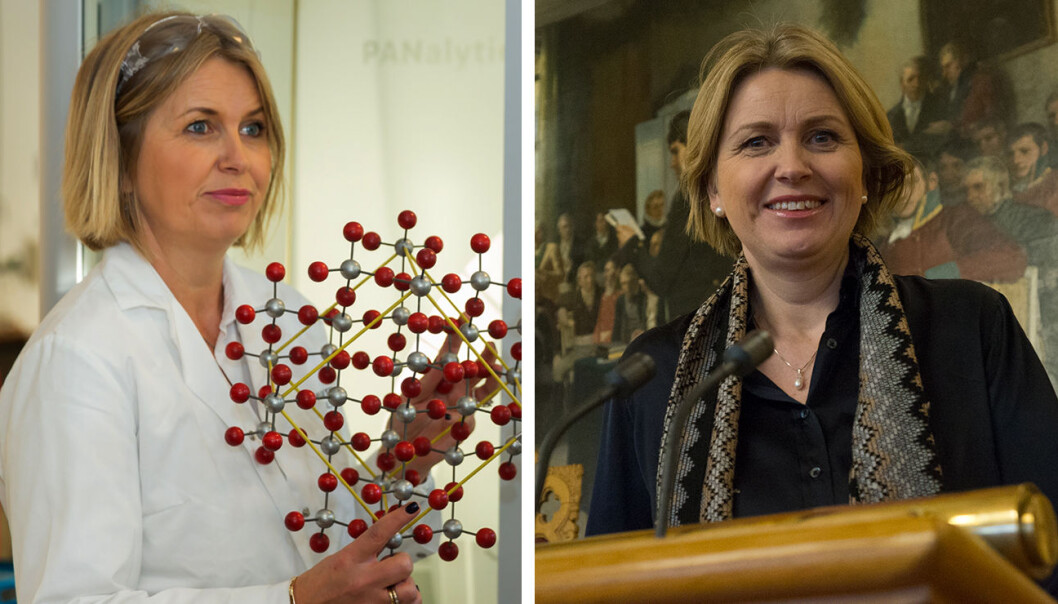 Kristin Vinje har gått veien fra forsker i petrokjemi og materialvitenskap via sjefsjobber i SINTEF og Simula til stilling som finansbyråd i Oslo og endelig stortingsrepresentant for Høyre. Til venstre er hun ved røntgenapparatet sammen med stipendiater på sin gamle arbeidsplass, Senter for Materialvitenskap og Nanoteknologi kjemi ved kjemisk institutt, UiO. Til høyre er hun på sin nåværende arbeidsplass, foran maleriet av grunnlovsforsamlingen på Eidsvoll. (Foto: Hans Kristian Thorbjørnsen (t.v.), Arnfinn Christensen, forskning.no) Kristin Vinje har gått veien fra forsker i petrokjemi og materialvitenskap via sjefsjobber i SINTEF og Simula til stilling som finansbyråd i Oslo og endelig stortingsrepresentant for Høyre. Til venstre er hun ved røntgenapparatet sammen med stipendiater på sin gamle arbeidsplass, Senter for Materialvitenskap og Nanoteknologi kjemi ved kjemisk institutt, UiO. Til høyre er hun på sin nåværende arbeidsplass, foran maleriet av grunnlovsforsamlingen på Eidsvoll. (Foto: Hans Kristian Thorbjørnsen (t.v.), Arnfinn Christensen, forskning.no)
