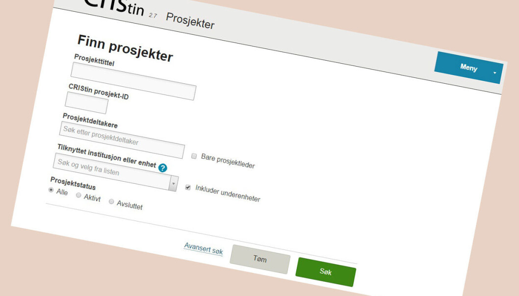 I databasen Cristin kan du framover finne påbegynte forskningsprosjekter fra en helt annen database, SPREK, og se hvilke som har endt med resultater som verden får vite om. Men bare dersom forskerne velger å hjelpe til. (Faksimile fra cristin.no) I databasen Cristin kan du framover finne påbegynte forskningsprosjekter fra en helt annen database, SPREK, og se hvilke som har endt med resultater som verden får vite om. Men bare dersom forskerne velger å hjelpe til. (Faksimile fra cristin.no)