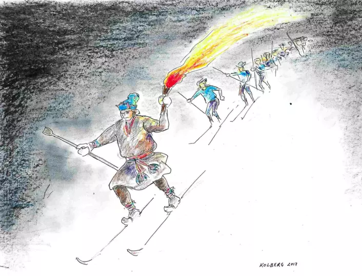 Skiløperens lue og pesk er basert på et foto av en sørsamisk skiløper fra Jämtland ca. 1900, og er dermed ikke nødvendigvis historisk-geografisk korrekt for Mediå-sagnet som vanligvis er tidfestet til 1600-tallet. (Foto: (Tegning: Asbjørn Kolberg))