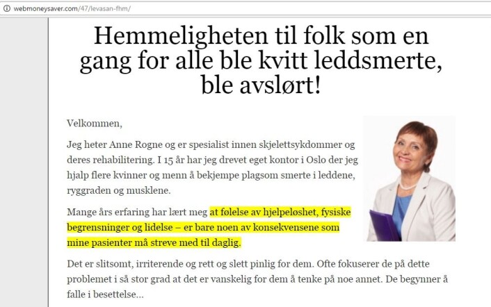 Nettsiden der en kvinne ved navn Anne Rogne, som presenteres som spesialist i skjelettsykdommer, anbefaler kremen. Gul merking er fra originalen. Bildet er tatt av nettsiden http://webmoneysaver.com/47/levasan-fhm/ Nettsiden der en kvinne ved navn Anne Rogne, som presenteres som spesialist i skjelettsykdommer, anbefaler kremen. Gul merking er fra originalen. Bildet er tatt av nettsiden http://webmoneysaver.com/47/levasan-fhm/