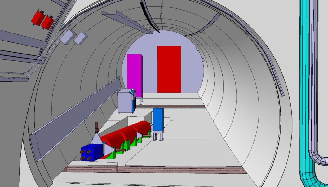 En datamodell av hvordan detektoren skal se ut. Den ligger i en sidetunnel og peker rett mot kollisjonene i ATLAS-detektoren. (Bilde: Jamie Boyd/CERN) En datamodell av hvordan detektoren skal se ut. Den ligger i en sidetunnel og peker rett mot kollisjonene i ATLAS-detektoren. (Bilde: Jamie Boyd/CERN)