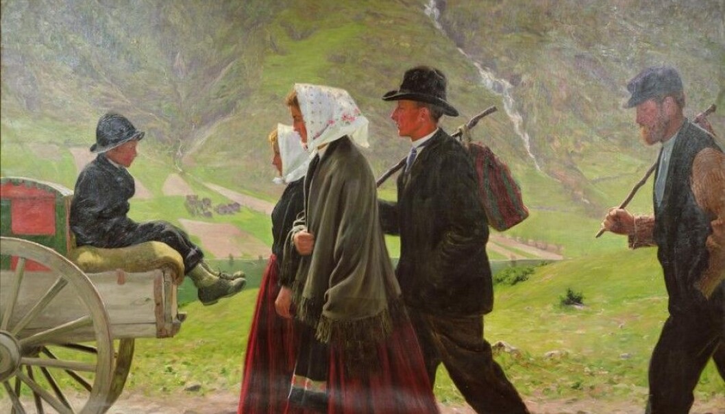 Maleriet «Utvandrere» malte Gustav Wentzel i Vågå i Gudbrandsdalen året 1903. Det viser nordmenn som forlater hjemplassen for å forsøke å skape seg et bedre liv i Amerika. (Foto: Wikimedia Commons) Maleriet «Utvandrere» malte Gustav Wentzel i Vågå i Gudbrandsdalen året 1903. Det viser nordmenn som forlater hjemplassen for å forsøke å skape seg et bedre liv i Amerika. (Foto: Wikimedia Commons)