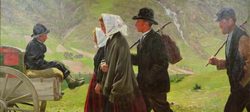Maleriet «Utvandrere» malte Gustav Wentzel i Vågå i Gudbrandsdalen året 1903. Det viser nordmenn som forlater hjemplassen for å forsøke å skape seg et bedre liv i Amerika. (Foto: Wikimedia Commons)