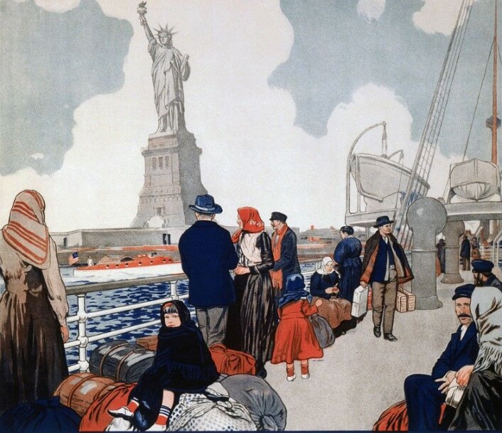 USA var for hundre år siden et sted mange nordmenn hadde mulighet til å komme seg opp i en høyere sosialklasse. Senere er det i landet de forlot at mulighetene er blitt stadig bedre. (Foto: Tegning fra amerikansk plakat / Library of Congress / Wikimedia Commons) USA var for hundre år siden et sted mange nordmenn hadde mulighet til å komme seg opp i en høyere sosialklasse. Senere er det i landet de forlot at mulighetene er blitt stadig bedre. (Foto: Tegning fra amerikansk plakat / Library of Congress / Wikimedia Commons)