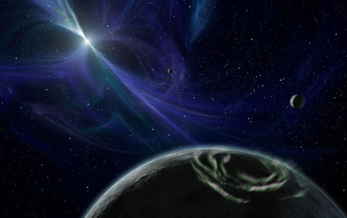 Artistens inntrykk av planeter rund pulsaren PSR B1257+12. (Foto: (Illustrasjon: NASA)) Artistens inntrykk av planeter rund pulsaren PSR B1257+12. (Foto: (Illustrasjon: NASA))