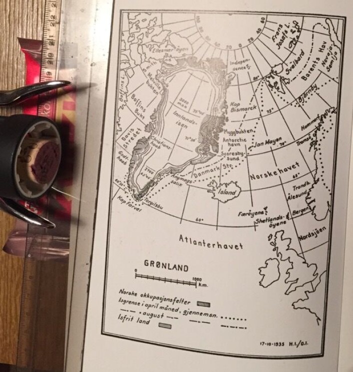 Iskartet fra Helge Ingstads bok om Grønland (Gyldendal forlag) (Foto: TW) Iskartet fra Helge Ingstads bok om Grønland (Gyldendal forlag) (Foto: TW)