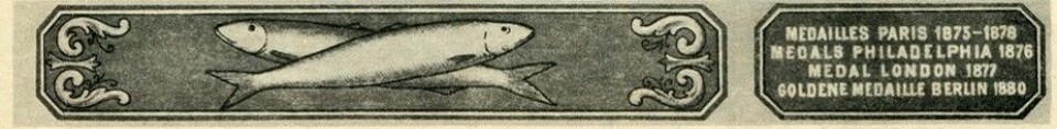 Den eldste kjente sardinetiketten. Den viser varemerket 'Crossed Fish.' Foto: MUST/ Norsk hermetikkmuseum