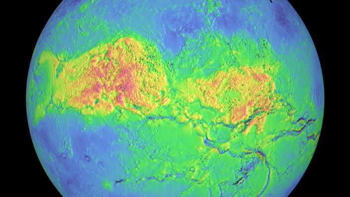 Ved hjelp av radar kan man se gjennom skyene på Venus. Dette er et kart som viser fjellpartier. Jo rødere fargen er, desto høyere er fjellene. (Foto: NASA) Ved hjelp av radar kan man se gjennom skyene på Venus. Dette er et kart som viser fjellpartier. Jo rødere fargen er, desto høyere er fjellene. (Foto: NASA)