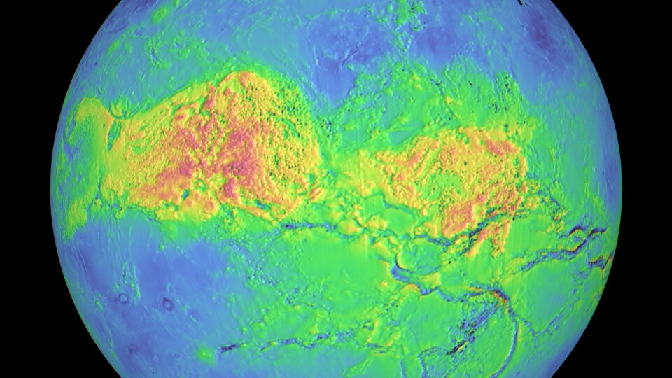 Ved hjelp av radar kan man se gjennom skyene på Venus. Dette er et kart som viser fjellpartier. Jo rødere fargen er, desto høyere er fjellene. (Foto: NASA)