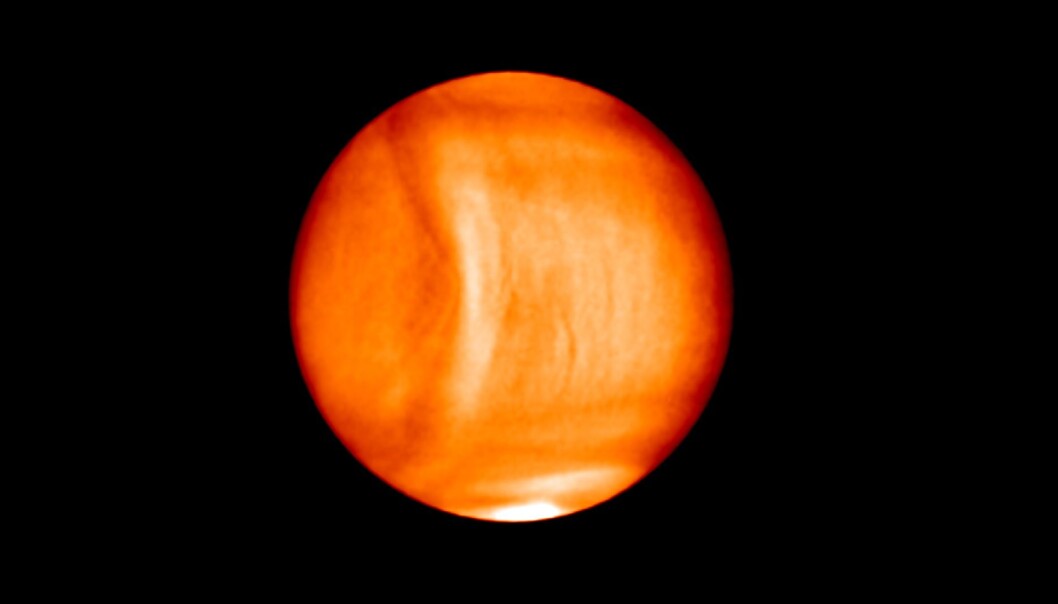 Dette er Venus sett i infrarødt lys. Bildene viser en gigantisk bueformet bølge i atmosfæren. (Foto: ©Planet-C) Dette er Venus sett i infrarødt lys. Bildene viser en gigantisk bueformet bølge i atmosfæren. (Foto: ©Planet-C)