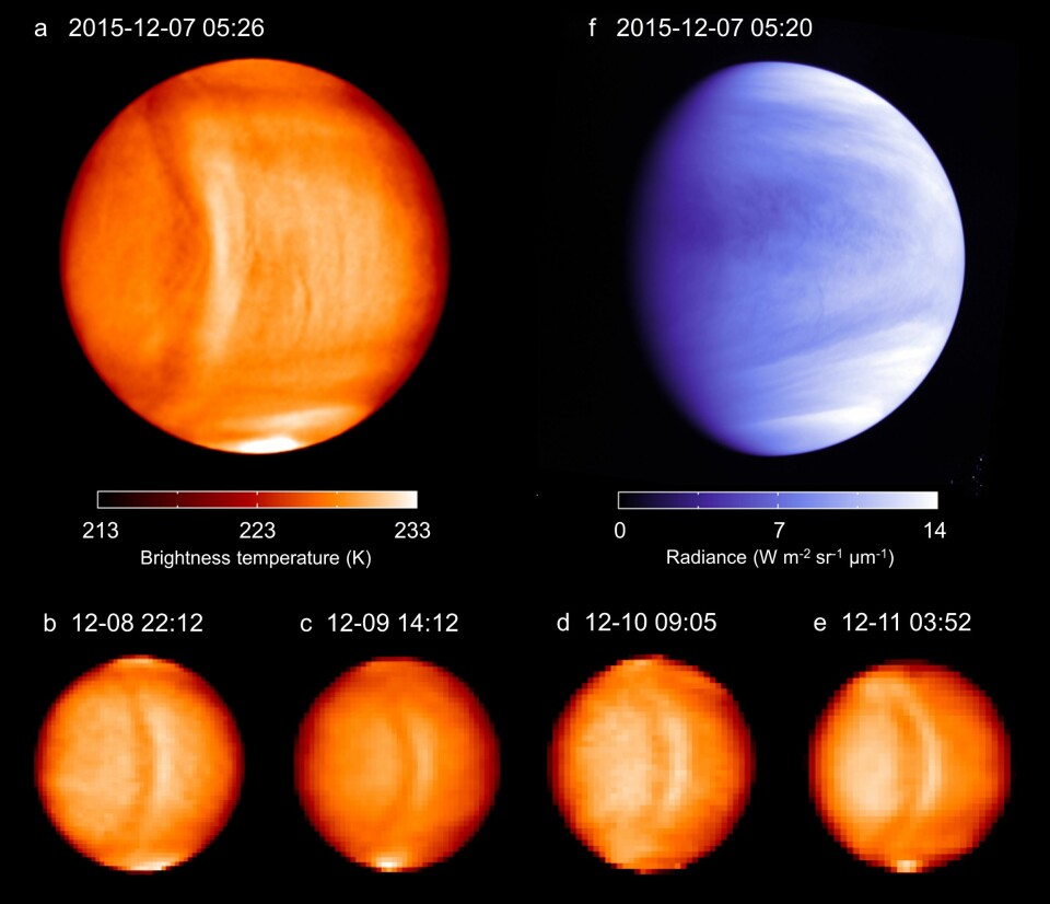 Bilder som blant annet viser fargetemperaturen. Bølgen var ikke særlig synlig i det ultrafiolette spekteret. (Foto: ©Planet-C)