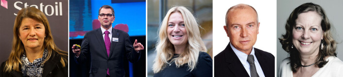 Ingeniører og toppsjefer: Fra venstre Margareth Øvrum i Statoil, Svein Brandtzæg i Norsk Hydro, Toril Nag i Lyse-konsernet, Christian Rynning-Tønnesen i Statkraft og Berit Svendsen i Telenor. (Foto: Zero - Creative Commons BY-SA 2.0/Lyse/Statkraft/Telenor) Ingeniører og toppsjefer: Fra venstre Margareth Øvrum i Statoil, Svein Brandtzæg i Norsk Hydro, Toril Nag i Lyse-konsernet, Christian Rynning-Tønnesen i Statkraft og Berit Svendsen i Telenor. (Foto: Zero - Creative Commons BY-SA 2.0/Lyse/Statkraft/Telenor)