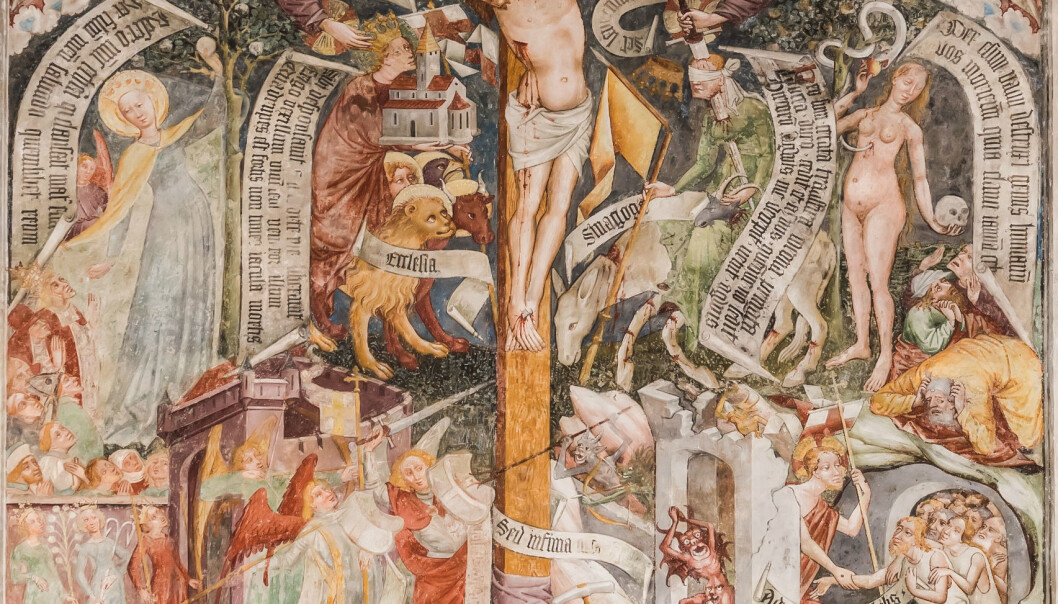 Utsnitt av maleri i Andreaskirken i Thörl-Maglern-Greuth, Østerrike. Motivet viser en korsarm som velsigner kirken (ecclesia), og den andre som dreper synagogen (sinagoga). Kirken er representert ved en mann som bærer kirken og krones med en kongekrone. Synagogen vises som en kvinne med bind for øynene, gjennomboret av et sverd. (Foto: Johann Jaritz/Wikimedia Commons CC BY-SA 3.0 AT) Utsnitt av maleri i Andreaskirken i Thörl-Maglern-Greuth, Østerrike. Motivet viser en korsarm som velsigner kirken (ecclesia), og den andre som dreper synagogen (sinagoga). Kirken er representert ved en mann som bærer kirken og krones med en kongekrone. Synagogen vises som en kvinne med bind for øynene, gjennomboret av et sverd. (Foto: Johann Jaritz/Wikimedia Commons CC BY-SA 3.0 AT)
