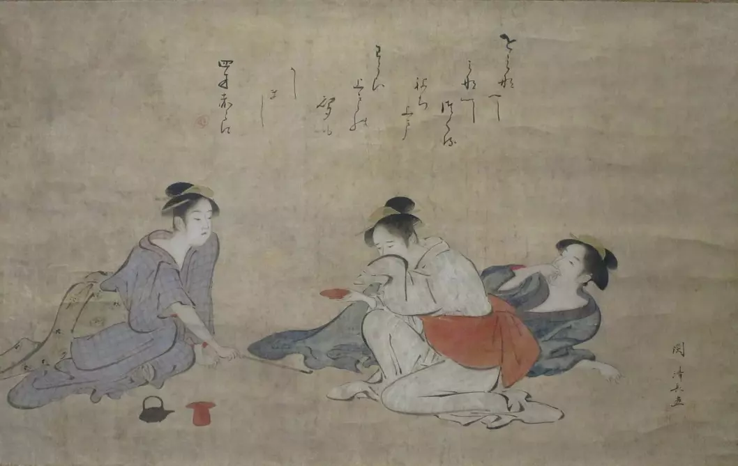 Mennesker i Øst-Asia har også et langt bekjentskap med alkohol. Her er tre fulle japanske damer, malt i 1787. Bildet tilhører Honolulu Museum of Art. (Foto: (Malt av Torii Kiyonaga))
