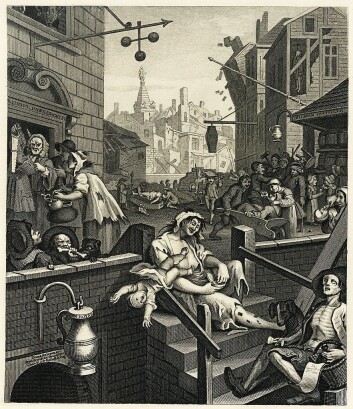 Gin Lane i London - tegnet rundt 1750. Her går det ad undas. (Foto: (Tegnet av William Hogarth)) Gin Lane i London - tegnet rundt 1750. Her går det ad undas. (Foto: (Tegnet av William Hogarth))