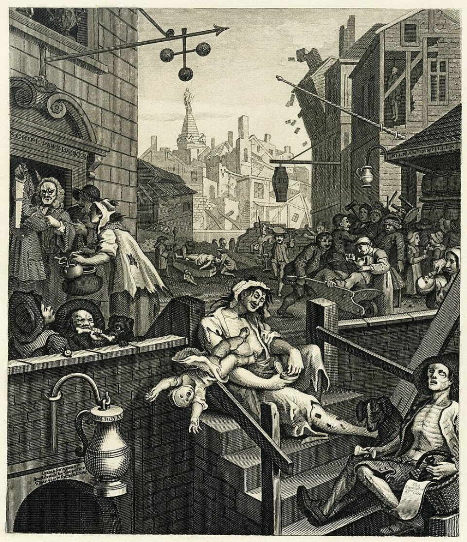 Gin Lane i London - tegnet rundt 1750. Her går det ad undas. (Foto: (Tegnet av William Hogarth))